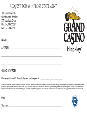 Request for WinbLoss Statementb Grand Casino  Form