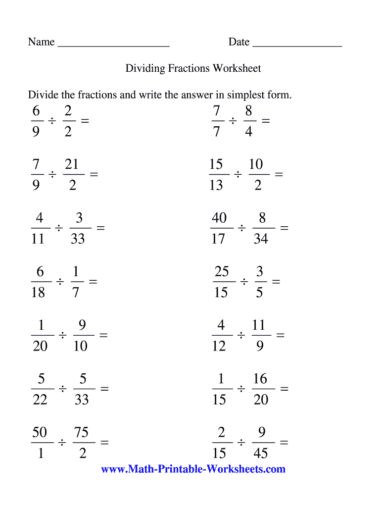 Dividing Fractions Worksheet  Form