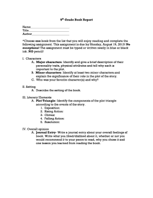 9th Grade Book Report Template  Form