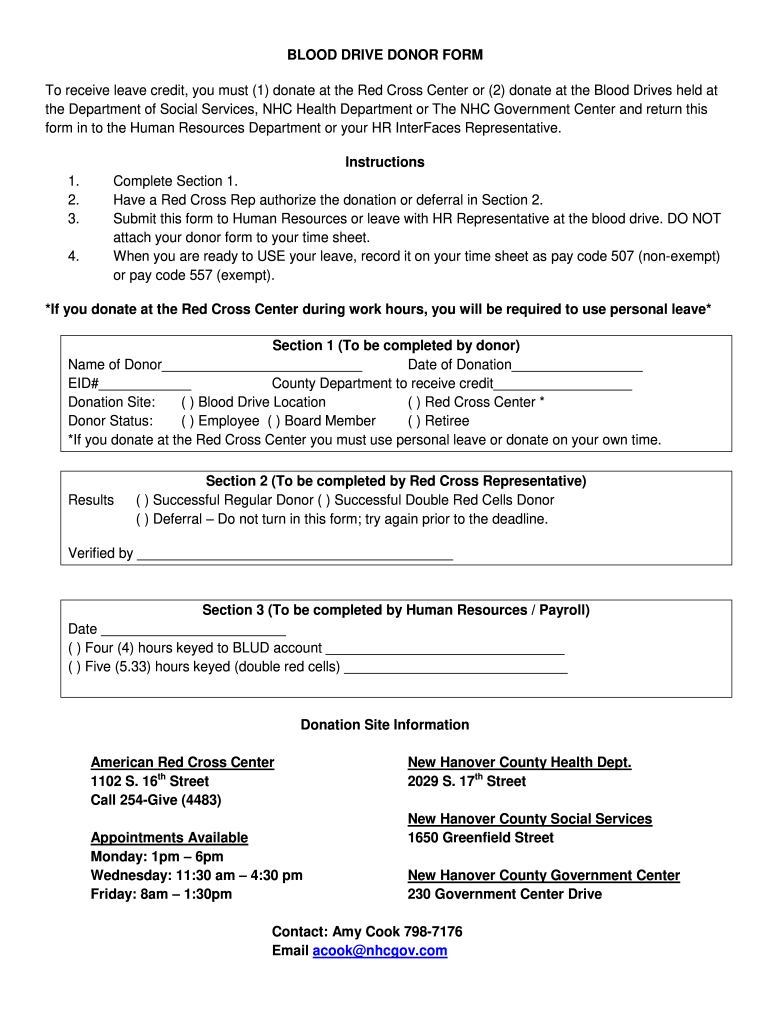 BLOOD DRIVE DONOR FORM New Hanover County
