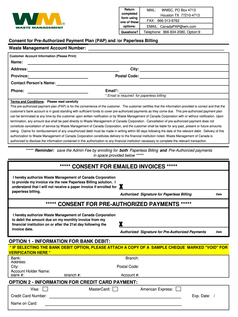Waste Management Canada Pre Authorized Payment Plan Consent  Form