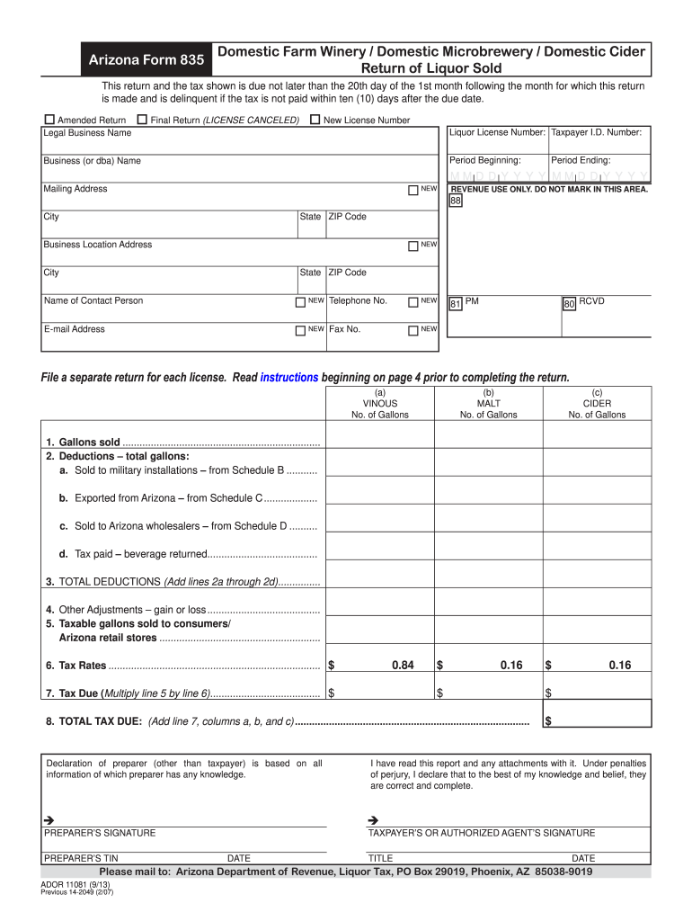  Arizona Form 835 Domestic Farm WineryDomestic MicrobreweryDomestic Cider Return of Liquor Sold  Azdor 2013