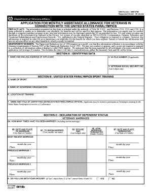  VA Form 0918b Application for Paralympic Allowance Va 2011