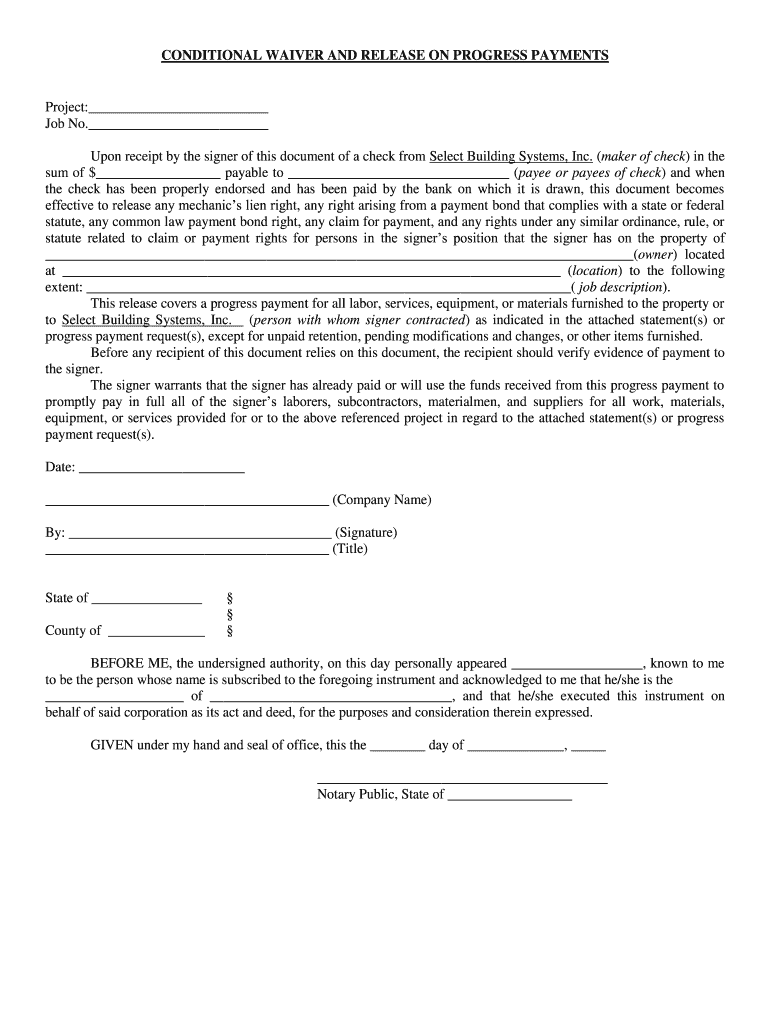 CONDITIONAL WAIVER and RELEASE on PROGRESS PAYMENTS Project Job No  Form