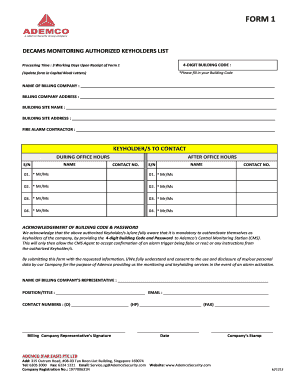 Ademco Decam Monitoring  Form