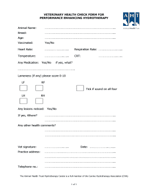 VETERINARY HEALTH CHECK FORM for PERFORMANCE ENHANCING