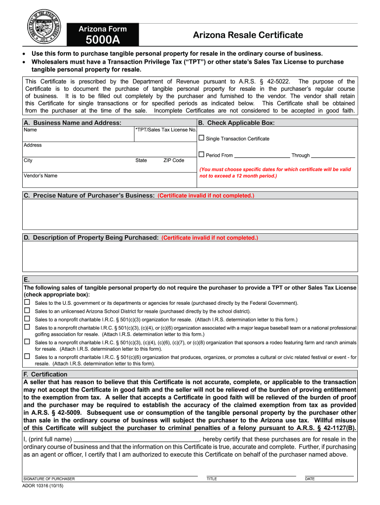  Az Form 5000a 2015