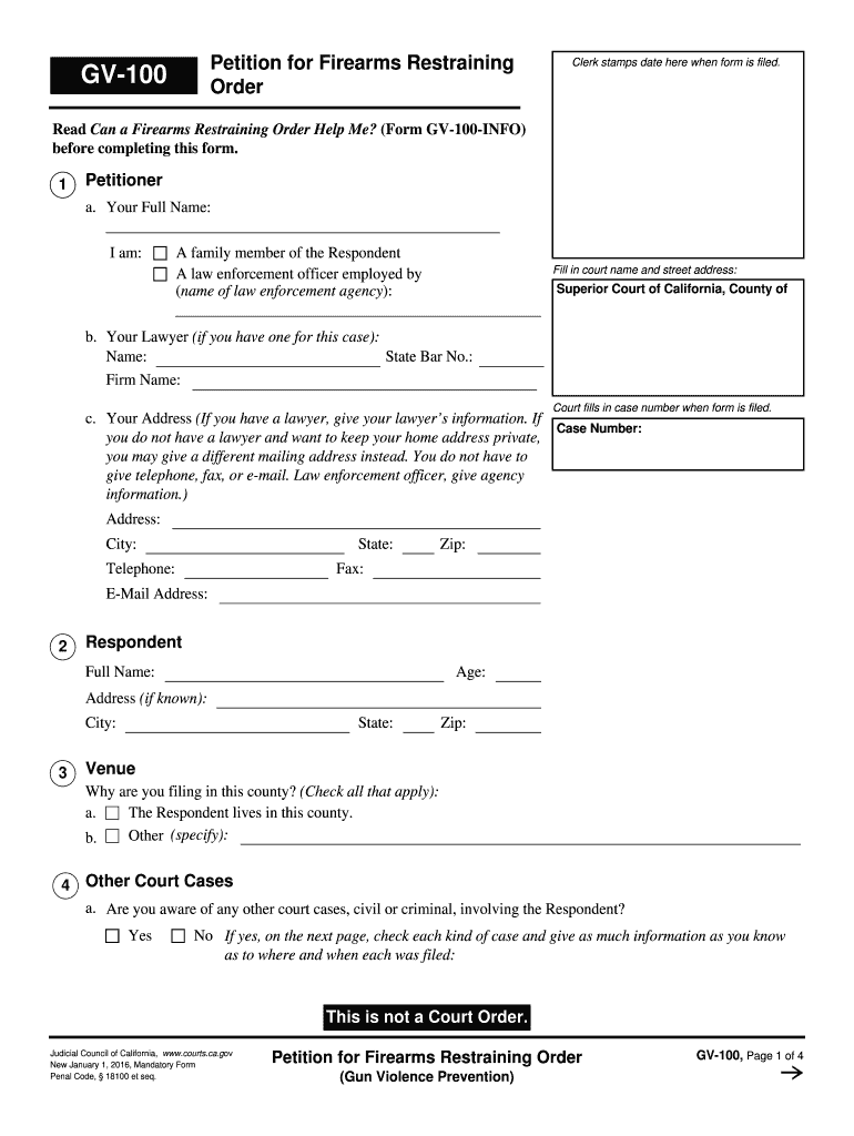  GV 100 Petition for Firearms Restraining Order  Courts Ca 2016