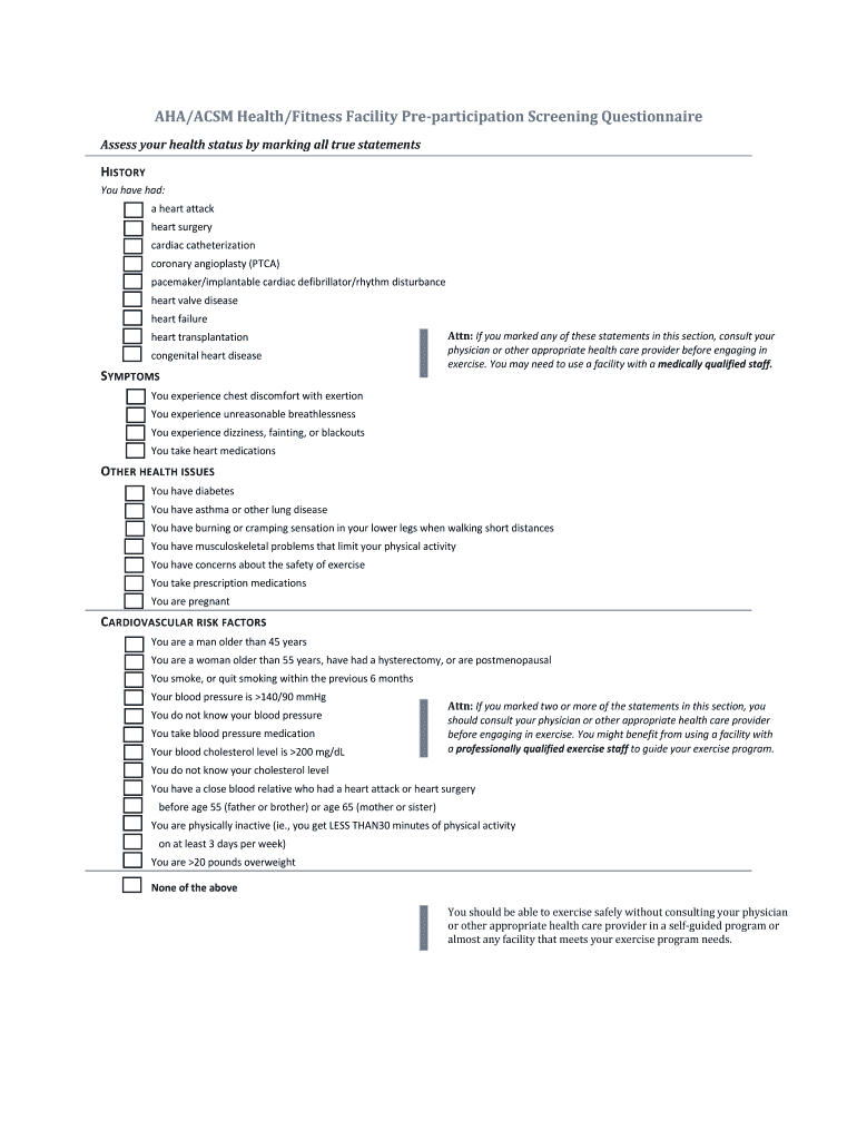 AHAACSM HealthFitness Facility Preparticipation Screening Questionnaire  Form