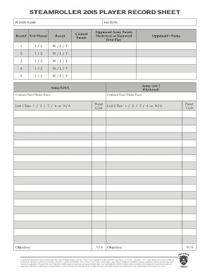 Steamroller PLAYER RECORD SHEET  Form