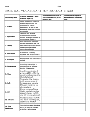 Essential Vocabulary for Biology Staar  Form