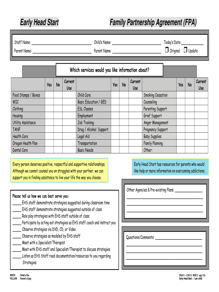  Head Start Family Partnership Agreement 2011-2024