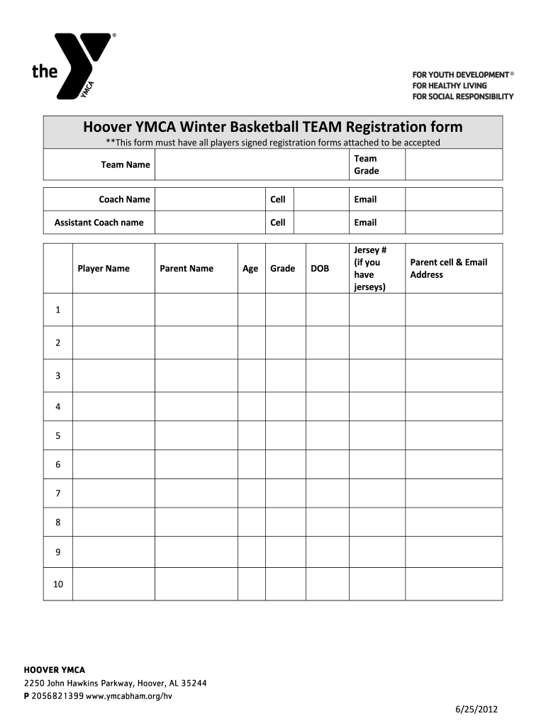 Hoover YMCA Winter Basketball TEAM Registration Form