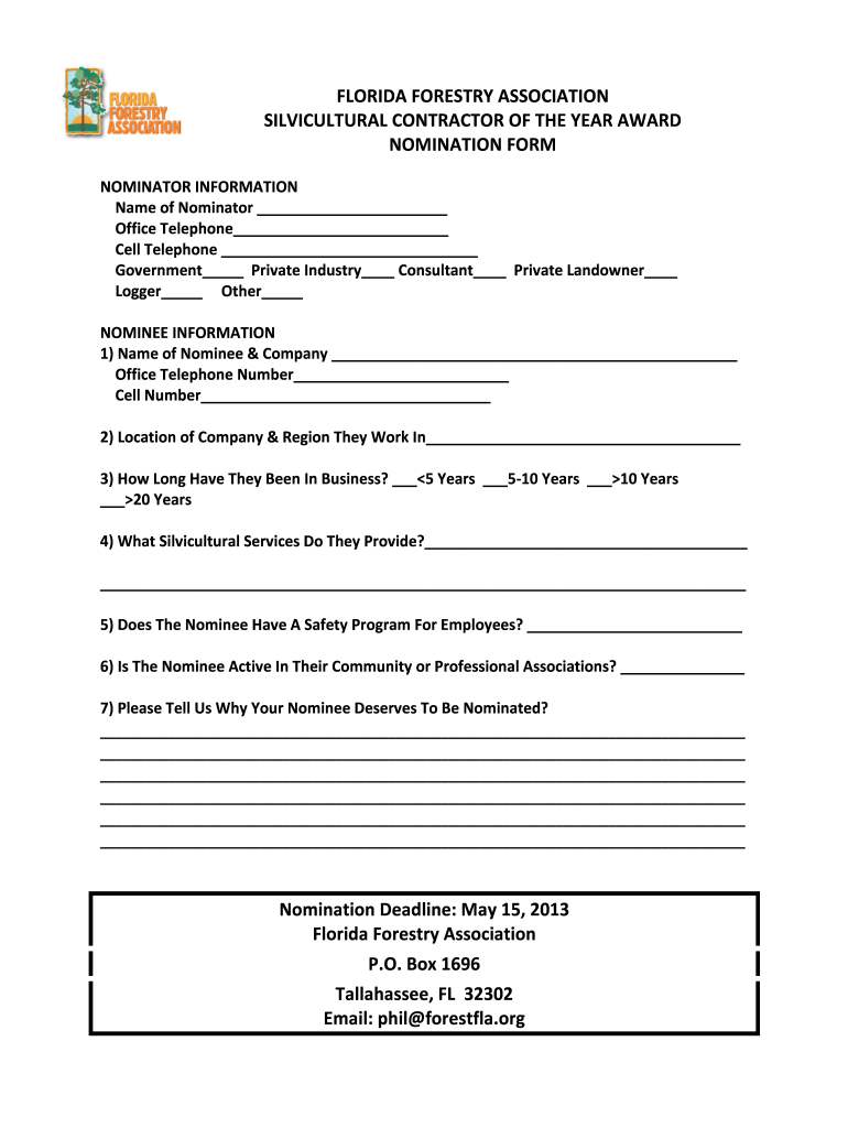  FFA Silviculture Contractor Award Nomination Formdocx  Floridaforest 2013-2024