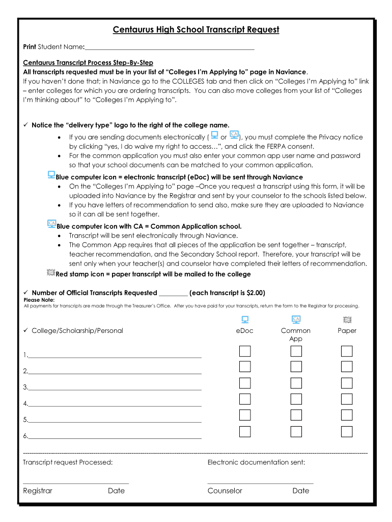Centaurus High School Transcript Request  Form