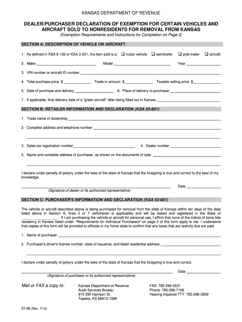  Affidavit of Delivery of a Motor Vehicle Semitrailer Pole Trailer or Aircraft to a Nonresident of Kansas ST 8B Rev 7 14 Sales Ta 2014