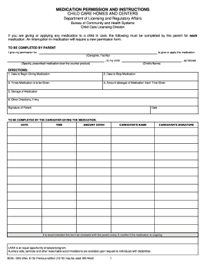 Medication Permission Form for Daycare