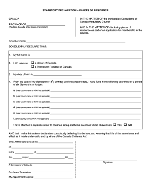 STATUTORY DECLARATION PLACES of RESIDENCE  Form