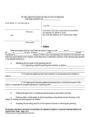 Petitioner, and PETITION and DECLARATION in SUPPORT of ORDER to SHOW CAUSE RE ENFORCEMENT of PARENTING TIME Respondent Publicati  Form