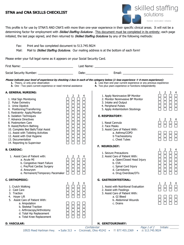 STNA and CNA SKILLS CHECKLIST  Sssolutions4ucom  Form