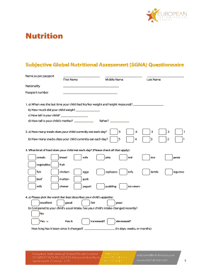 Subjective Global Nutritional Assessment SGNA Questionnaire  Form