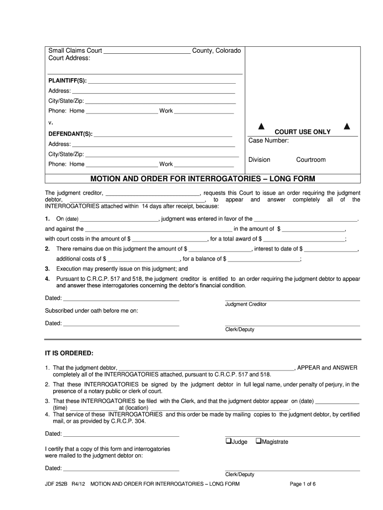 MOTION and ORDER for INTERROGATORIES LONG FORM Courts State Co