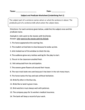 Subject and Predicate Worksheet Underlining Part 1 Answer Key  Form