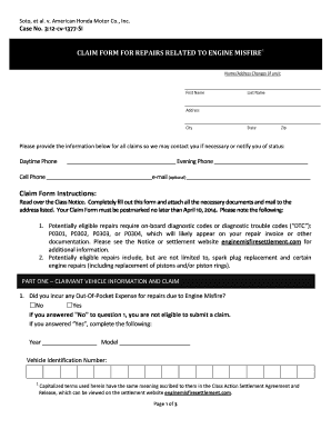 CLAIM FORM for REPAIRS RELATED to ENGINE MISFIRE 1