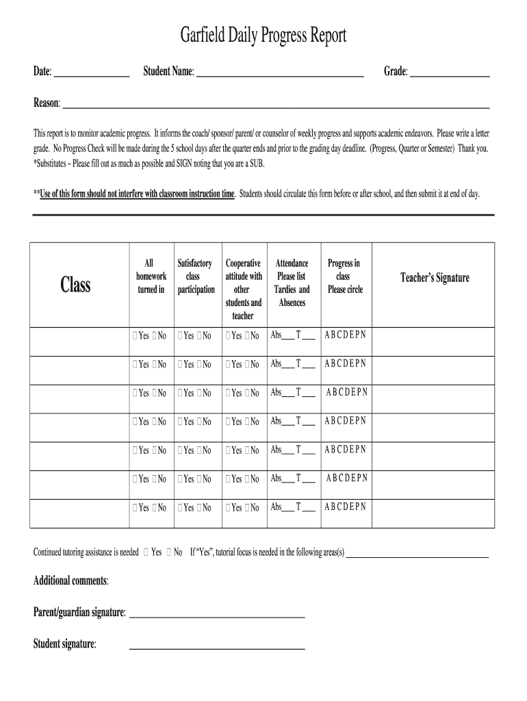 Garfield Daily Progress Report Garfield High School  Form