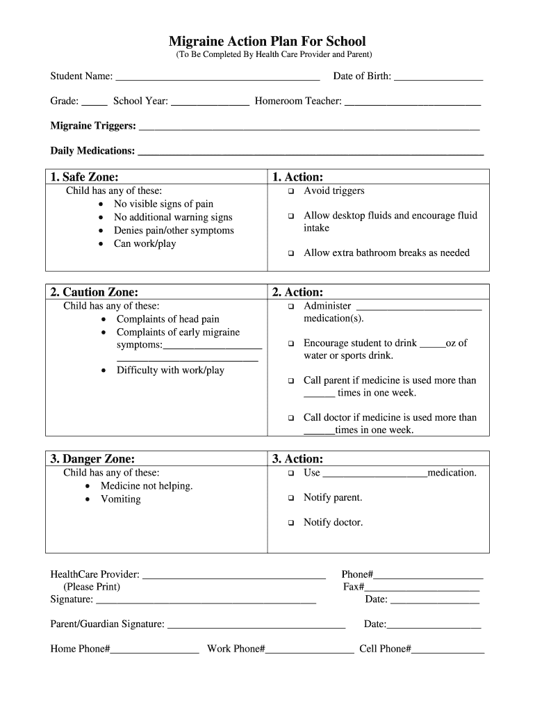 Migraine Action Plan for School  Form