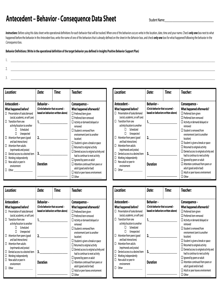 Antecedent Behavior  Consequence Data Sheet  Form