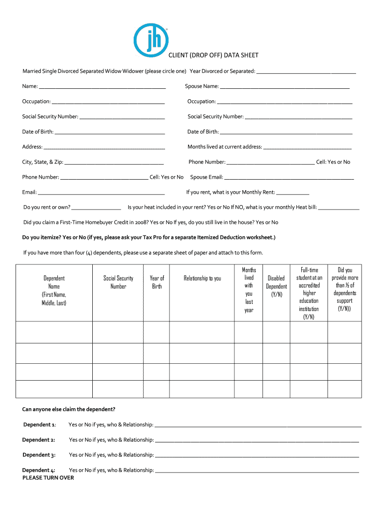 Jackson Hewitt Client Data Sheet  Form