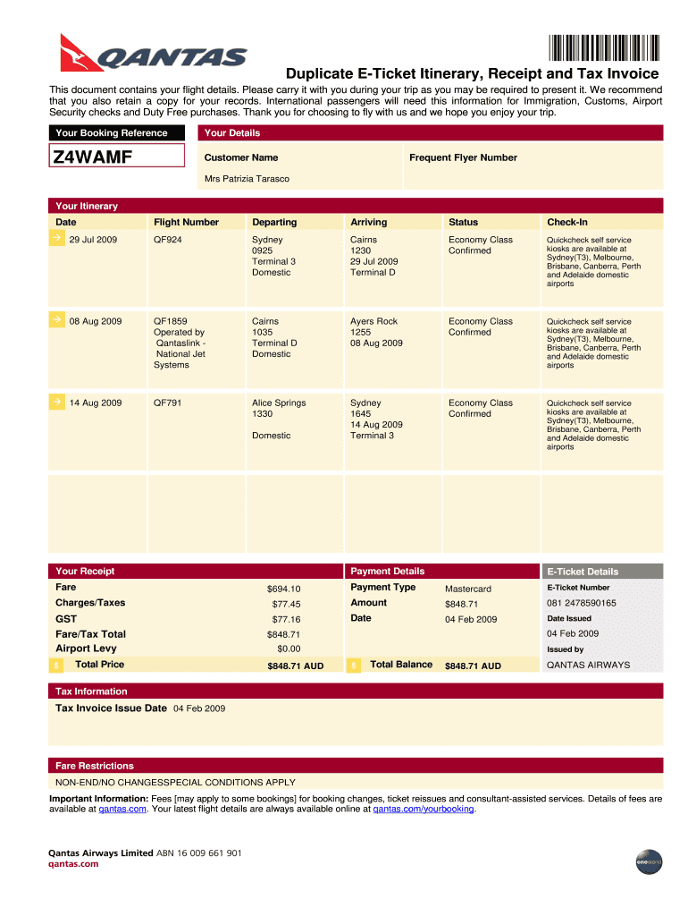 Duplicate E Ticket Itinerary, Receipt and Tax Invoice  Form