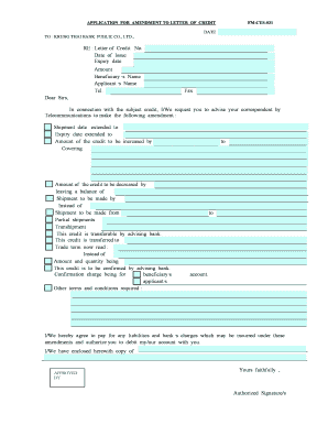 APPLICATION for AMENDMENT to LETTER of CREDIT FM CUS 031 KTB  Form