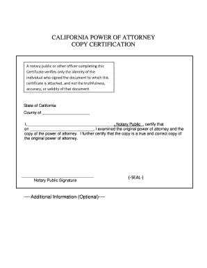 CALIFORNIA POWER of ATTORNEY COPY CERTIFICATION  Form