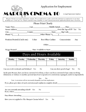 Marquis Cinema 10 Application  Form