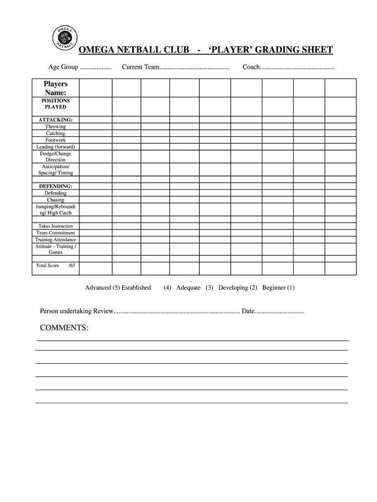 OMEGA NETBALL CLUB PLAYER GRADING SHEET  Form