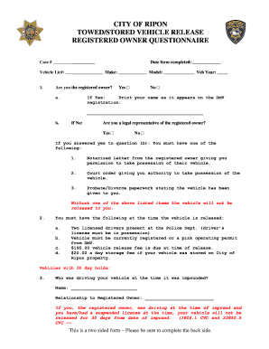 Vehicle Release Form from Police Department