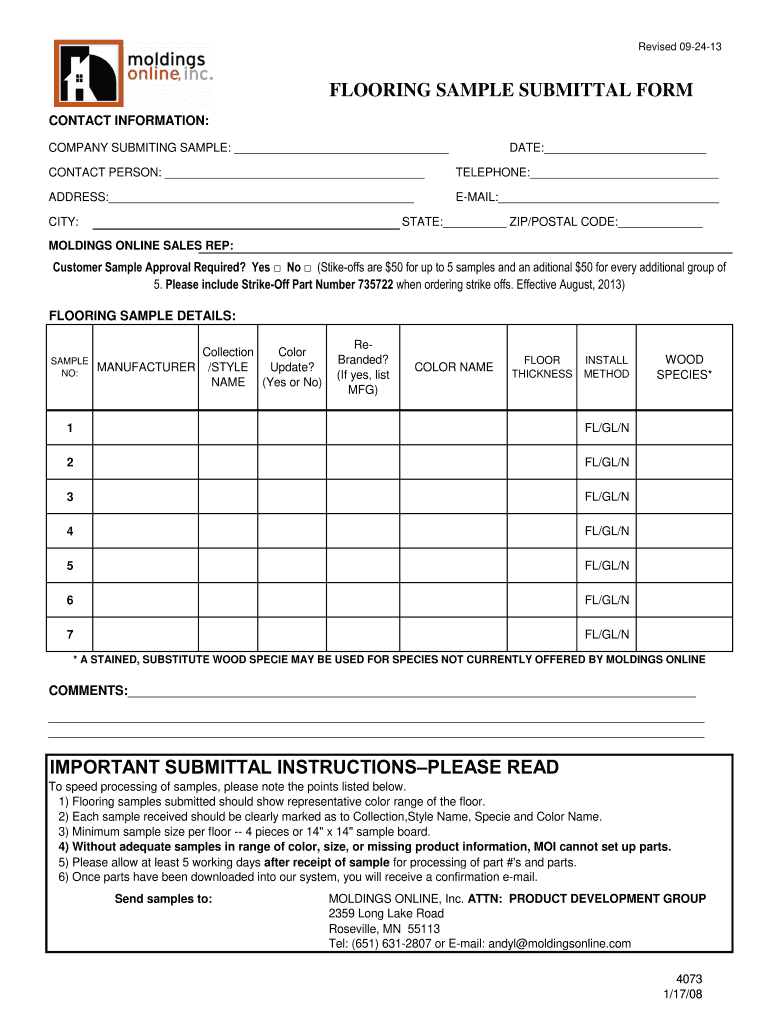  FLOORING SAMPLE SUBMITTAL FORM MoldingsOnlinecom 2013-2024