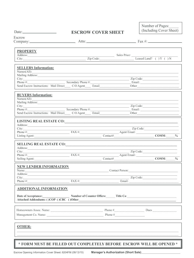  Escrow Opening Information Cover Sheet 6204fmcdr 2015-2024