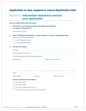 Application to Vary Suspend or Attachment Order Cancel Justice Govt  Form