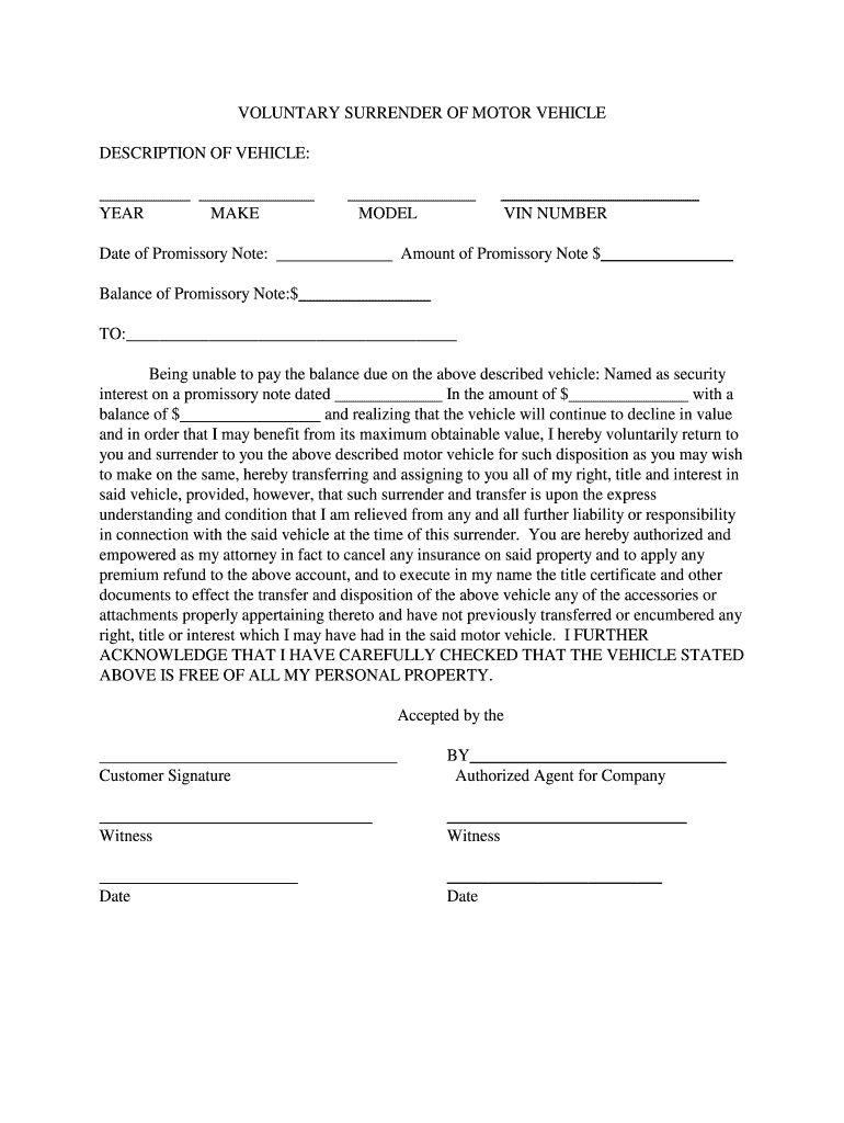 Form for Voluntary Surrender of Motor Vehicle