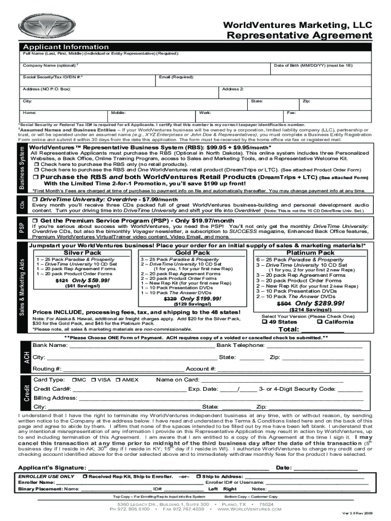  WorldVentures Marketing LLC Representative Agreement 2009