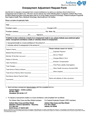  Overpayment Request Form Anthem Health Plans Inc 2014-2024
