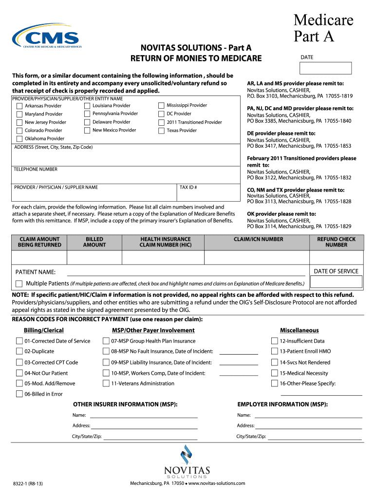  Medicare Part a NOVITAS SOLUTIONS Part a RETURN of MONIES to MEDICARE This Form, or a Similar Document Containing the Following  2013-2024