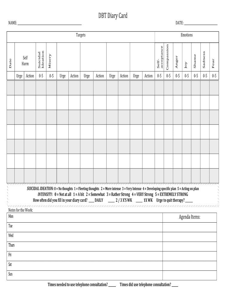 Editable Dbt Diary Card  Form