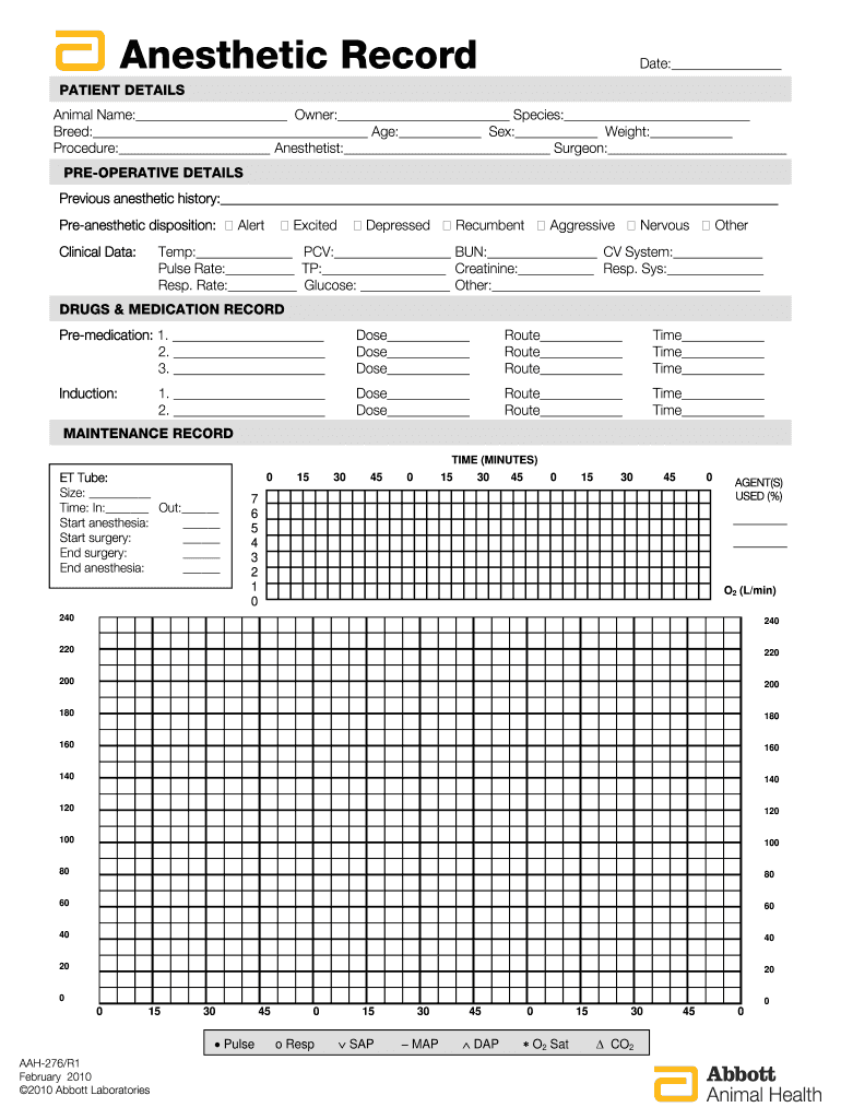 AAH 276 R1 Anesthetic Record Sheet  Orion Pharma  Orionvet  Form