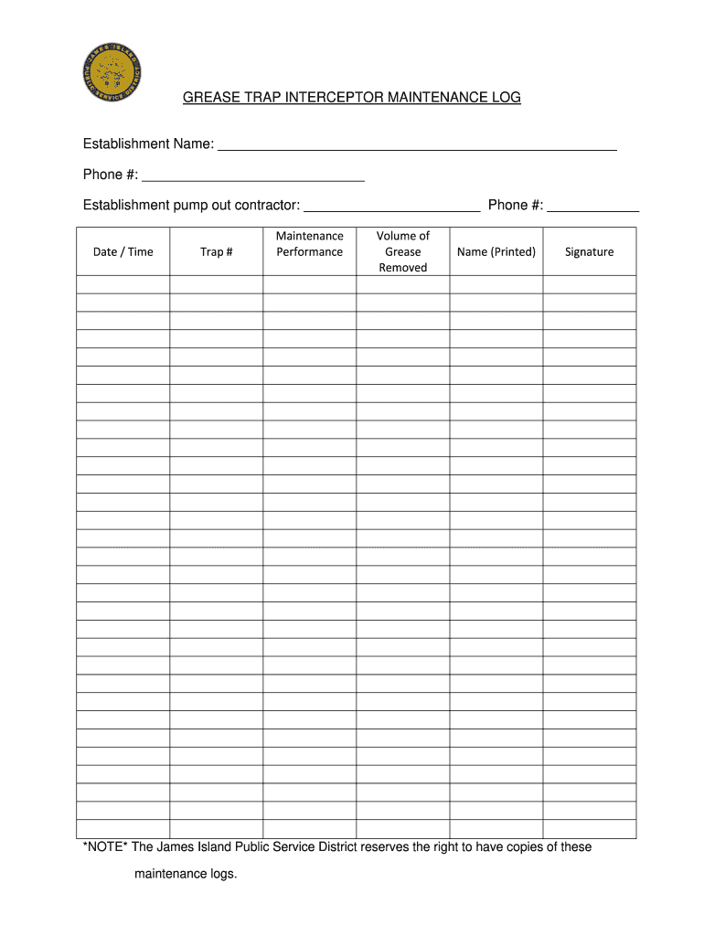 Grease Trap Interceptor Maintenance Logdocx Jipsd  Form