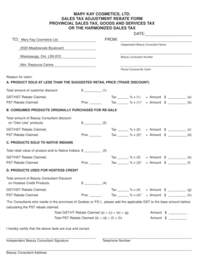 MARY KAY COSMETICS LTD SALES TAX ADJUSTMENT REBATE FORM