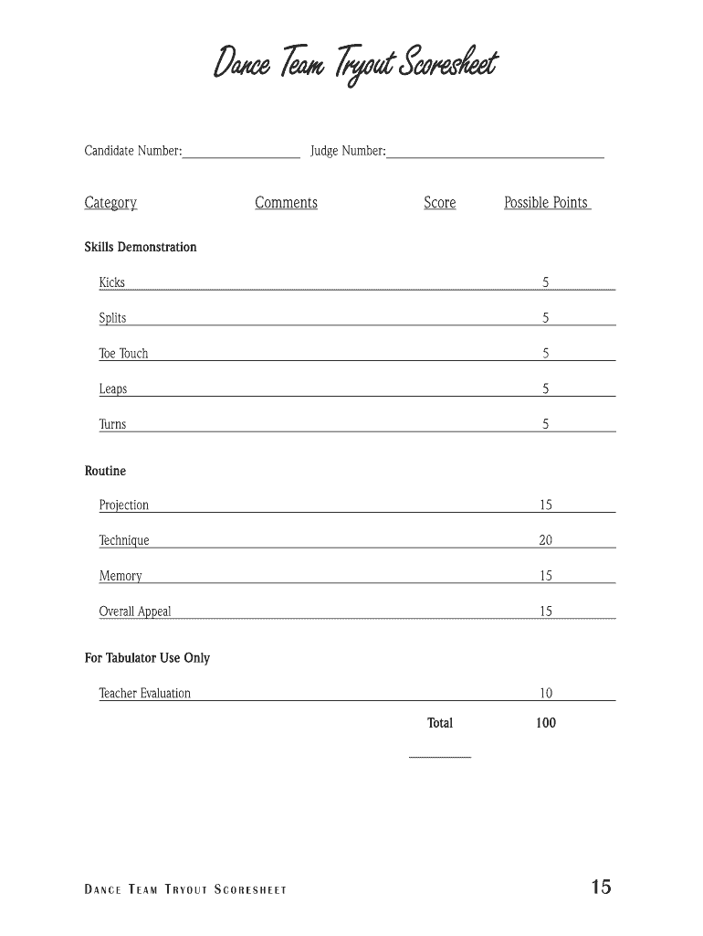 Dance Team Tryouts Score Sheet  Form